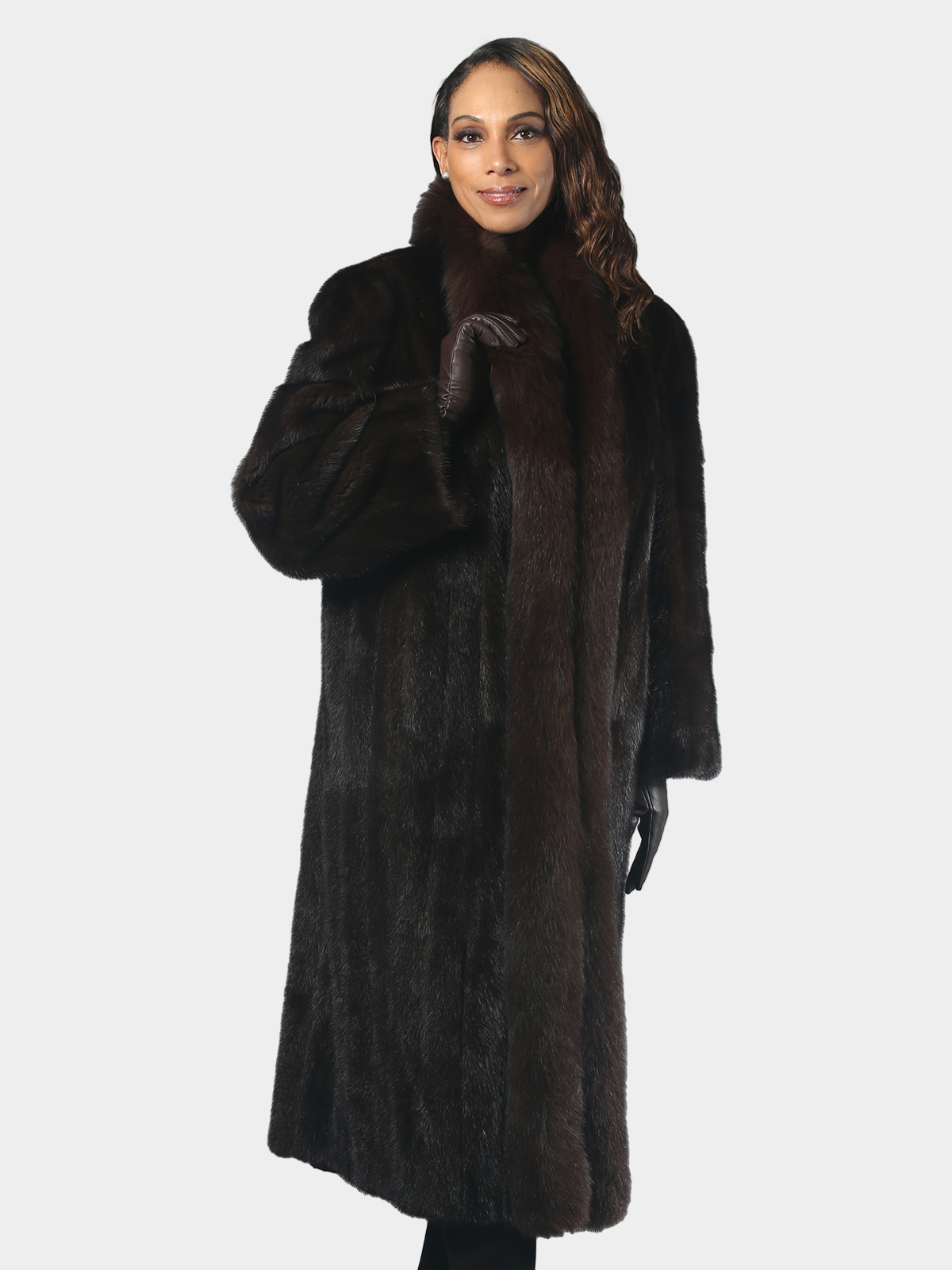 Natural Mahogany Mink Fur Coat with Fox Tuxedo Front - Estate Furs