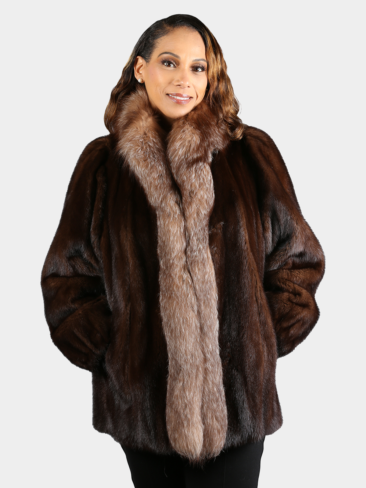 Woman's Natural Mahogany Mink Fur Jacket with Crystal Fox Tuxedo Front