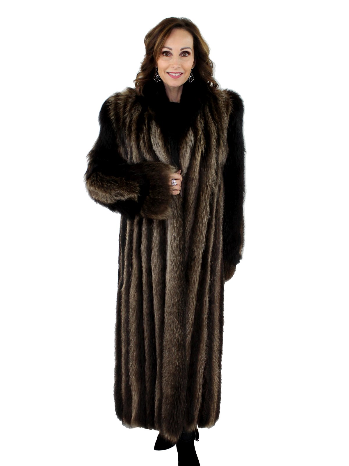 Natural Raccoon Fur Coat with Black Fox Fur Trim - Women's Fur Coat ...